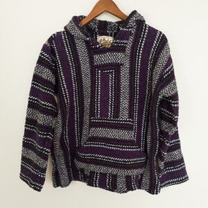 Baja Joe 1990’s Vintage Purple Stripe Hooded Long Sleeved Mexican Poncho Large